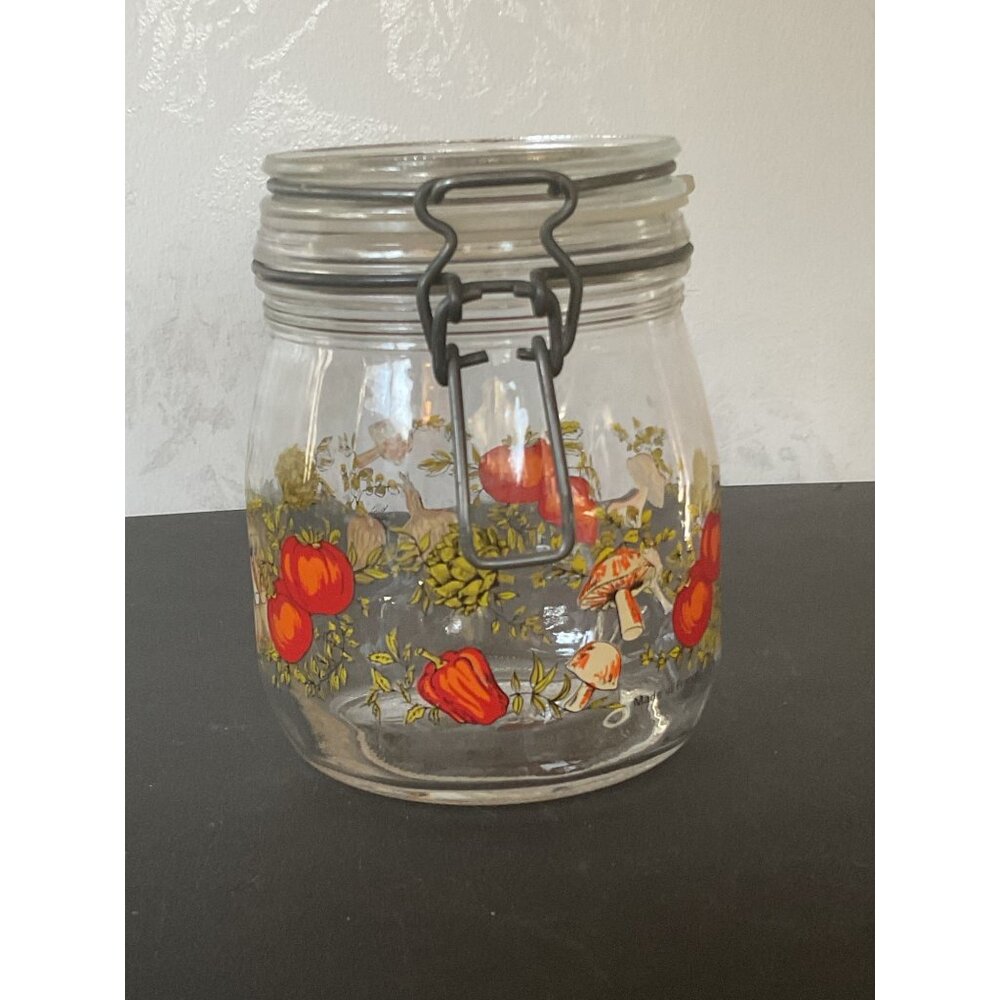 Vintage Triomphe France Glass Jar With Veggie Motif & Metal Clamp Lid
